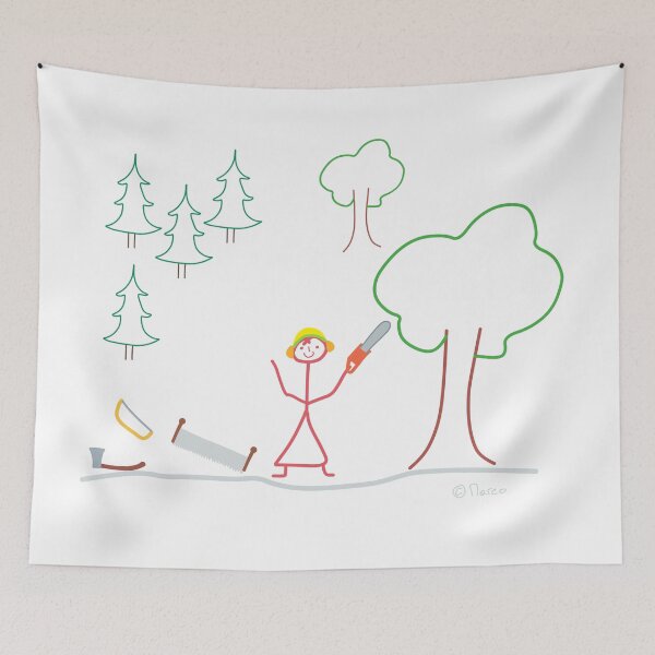 Item preview, Lumberjack woman stick figure, forest tree chainsaw designed and sold by KlareLinie.
