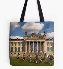 Bicyclists In Front Of Reichstag, Berlin, Germany Tote Bag