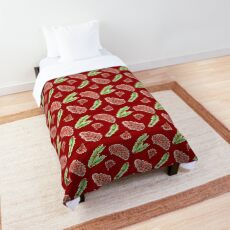 Christmas Woodland Pine Cones Pattern on Red Comforter
