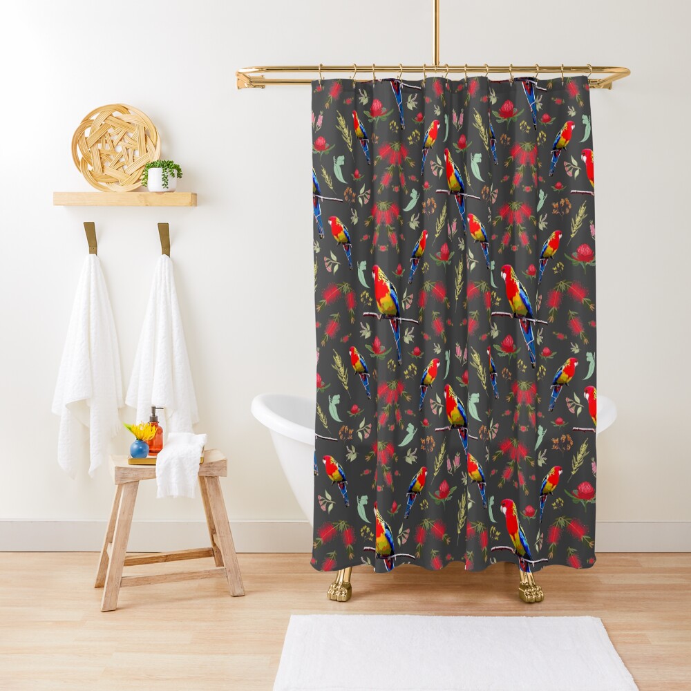 "Australiana Rosella Garden charcoal grey" Shower Curtain by