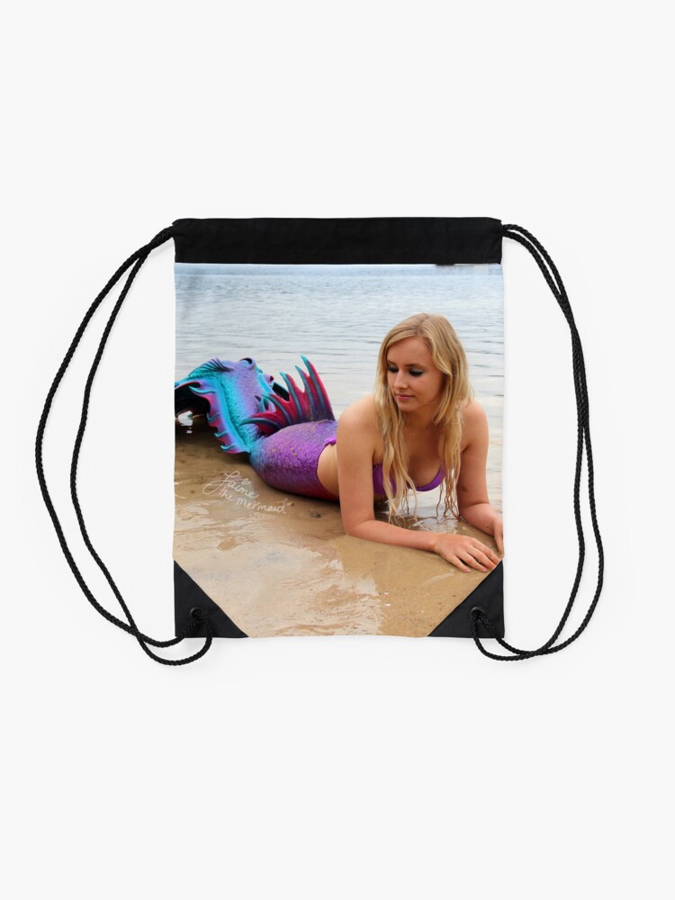 Alternate view of Jaime the Mermaid at the Beach Drawstring Bag