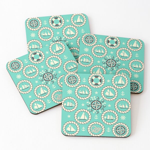 Item preview, Blue Nautical Print with ships, compass, anchor and nautical knots designed and sold by kapotka.