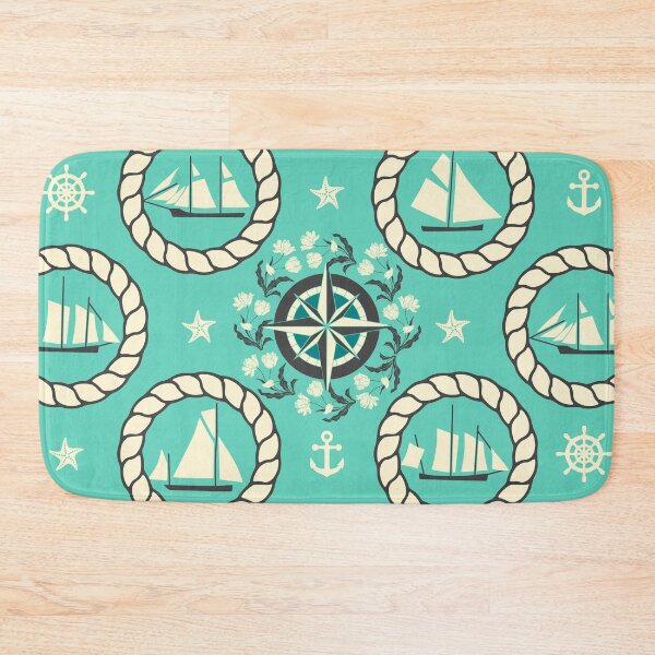 Item preview, Blue Nautical Print with ships, compass, anchor and nautical knots designed and sold by kapotka.