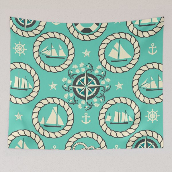 Item preview, Blue Nautical Print with ships, compass, anchor and nautical knots designed and sold by kapotka.