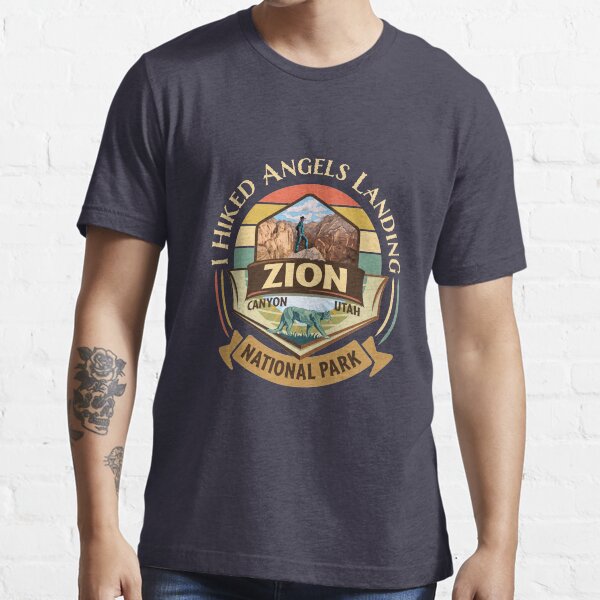 Zion National Park Utah I Hiked Angels Landings Retro Vintage Style Badge Design with Hiker and Cougar Essential T-Shirt
