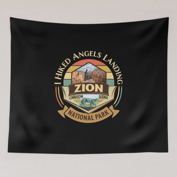 Item preview, Zion National Park Utah I Hiked Angels Landings Retro Vintage Style Badge Design with Hiker and Cougar  designed and sold by SunNoonPark.