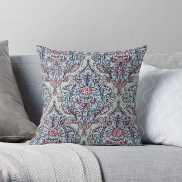 Botanical Moroccan Doodle Pattern in Navy Blue, Red & Grey Throw Pillow