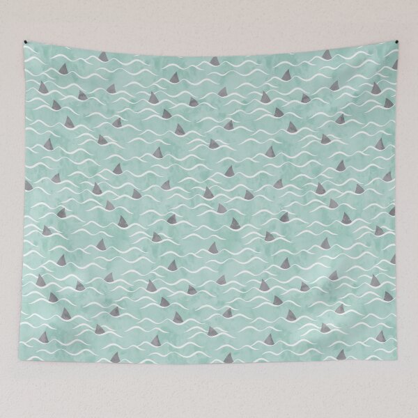 Item preview, SHARKS! - waves beach on aqua designed and sold by littlearrow.