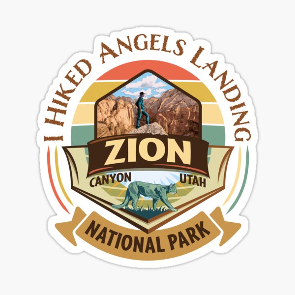 Vista previa del artículo con la obra «Parque Nacional Zion, Utah. Caminé por los desembarcos de los ángeles. Diseño de insignia retro de estilo vintage con excursionista y puma.», diseñado y vendido por SunNoonPark.