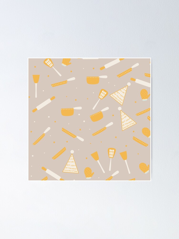 "Kitchen Utensils Pattern Mustard Yellow & Tan" Poster by