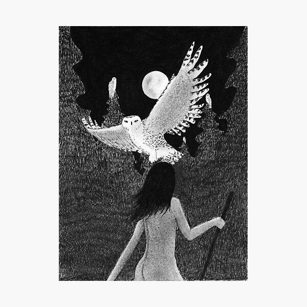 Wisdom - Sophia with Owls on Moonlit Night Photographic Print