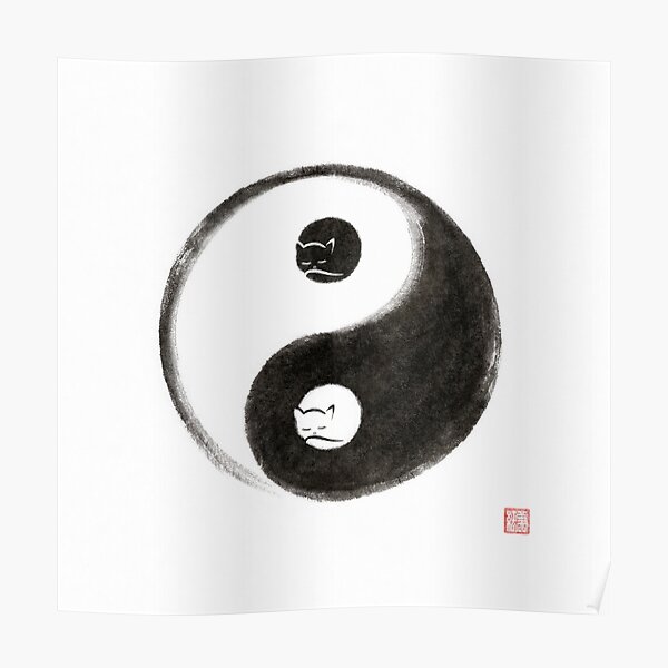 Poster Deux Chats Mignons Dormant A L Interieur Du Symbole Spirituel Taoiste Yin Yang Illustration Artistique Sumi E Illustration Par Awenartprints Redbubble