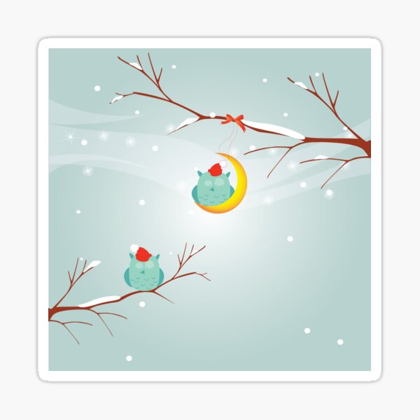 owls on the branch in leaves. Sticker