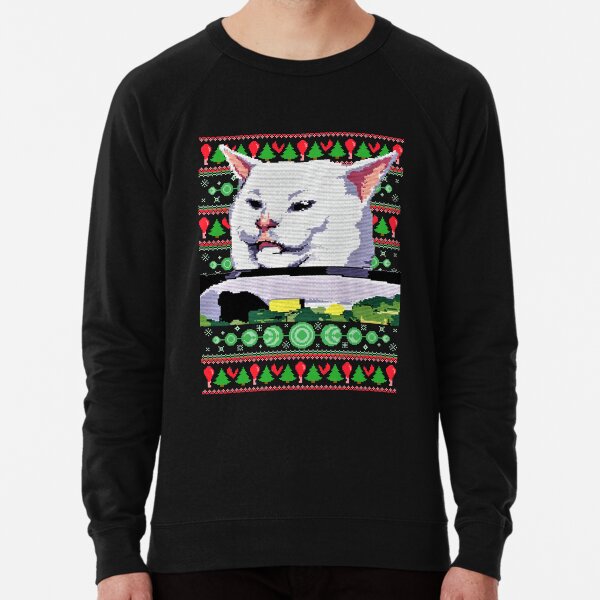 Vista previa del artículo con la obra «Copia de una mujer gritándole al gato Dank meme Camisa fea de Navidad», diseñado y vendido por RS117.