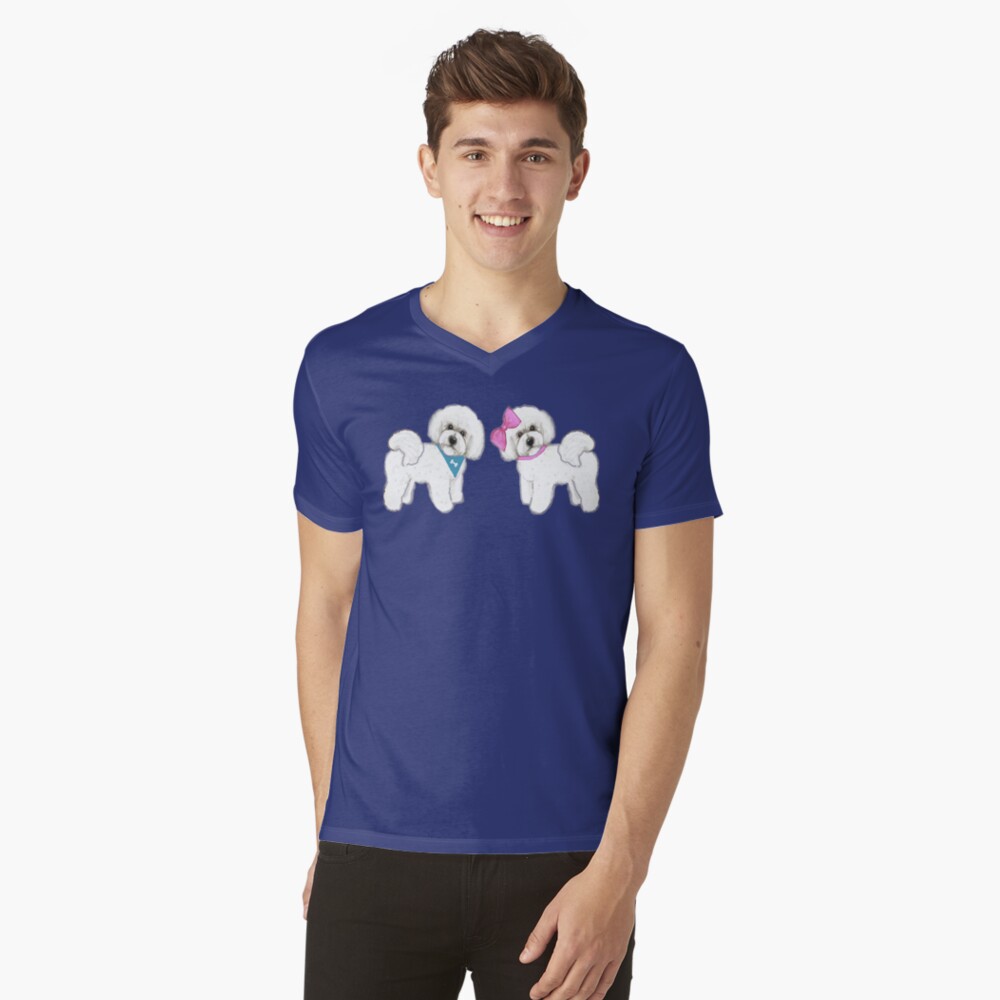 Bichon Frise dogs on periwinkle blue V-Neck T-Shirt