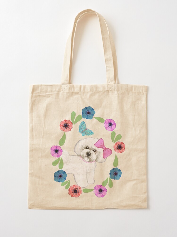 Bichon Frise Dog with Flowers Tote Bag 