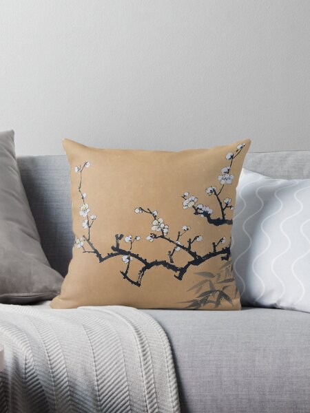 White Plum Blossom With Bamboo Throw Pillow