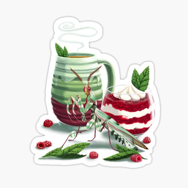 Mint Tea, Raspberry Parfait, and a Devil's Flower Mantis Sticker