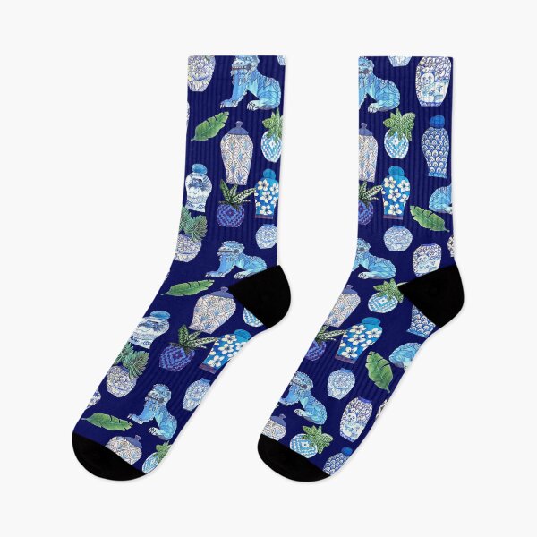 Item preview, Maximalist Foo dogs and Chinese ginger jars, white and blue Chinoiseries watercolor design designed and sold by MagentaRose.