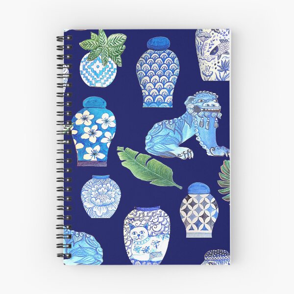 Item preview, Maximalist Foo dogs and Chinese ginger jars, white and blue Chinoiseries watercolor design designed and sold by MagentaRose.
