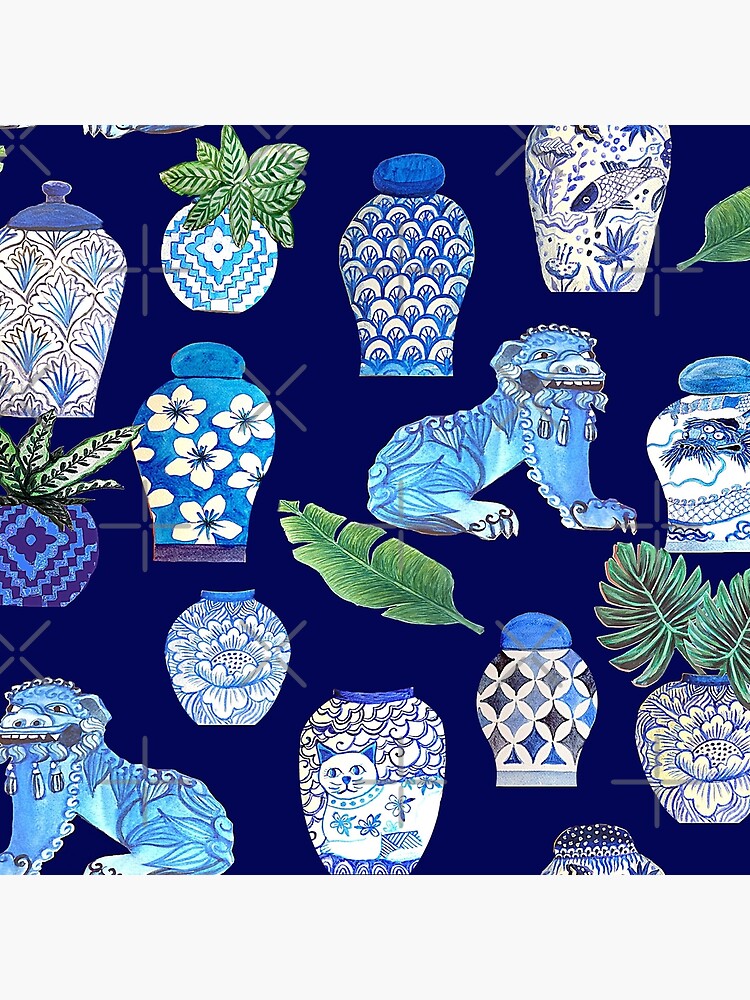 Thumbnail 3 of 3, Throw Pillow, Maximalist Foo dogs and Chinese ginger jars, white and blue Chinoiseries watercolor design designed and sold by MagentaRose.