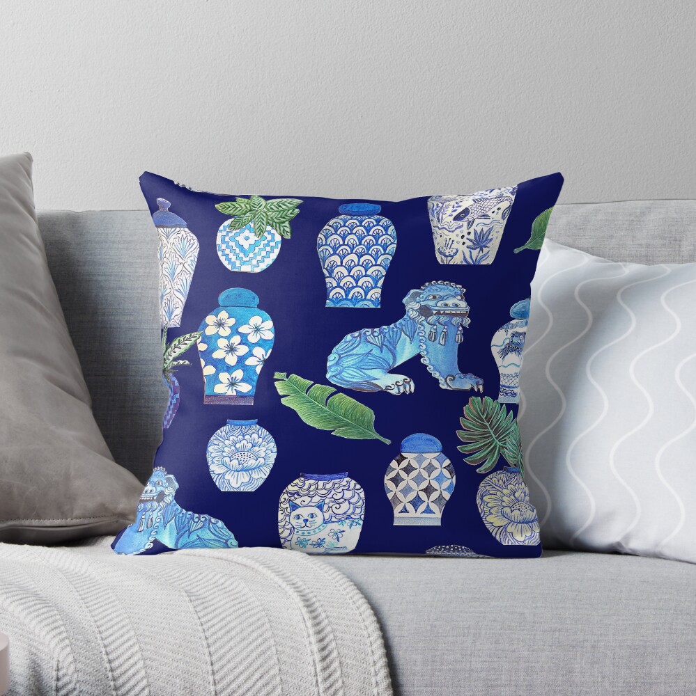 Maximalist Foo dogs and Chinese ginger jars, white and blue Chinoiseries watercolor design Throw Pillow