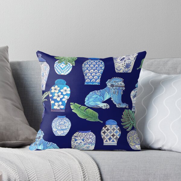 Item preview, Maximalist Foo dogs and Chinese ginger jars, white and blue Chinoiseries watercolor design designed and sold by MagentaRose.