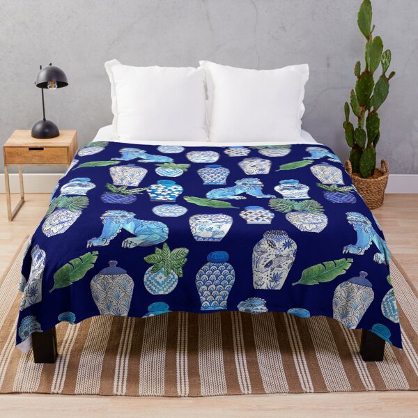 Item preview, Maximalist Foo dogs and Chinese ginger jars, white and blue Chinoiseries watercolor design designed and sold by MagentaRose.