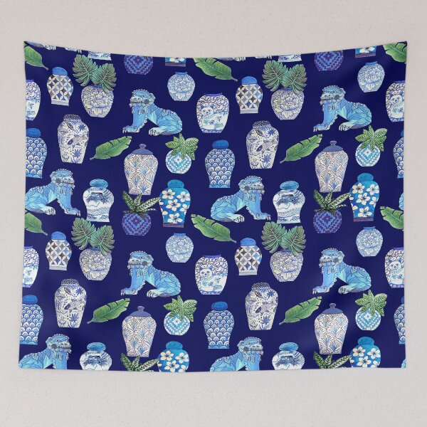 Item preview, Maximalist Foo dogs and Chinese ginger jars, white and blue Chinoiseries watercolor design designed and sold by MagentaRose.