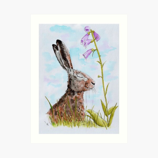 Hare sat down under a foxglove Art Print