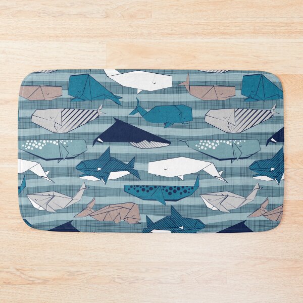Item preview, Origami Sea // linen texture and nautical stripes background teal white and taupe whales designed and sold by SelmaCardoso.