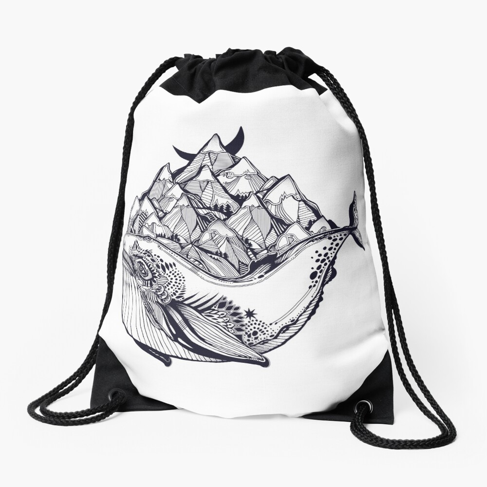 Decorative dreamy surreal whale sea animal beast carrying mountain range on its back Drawstring Bag