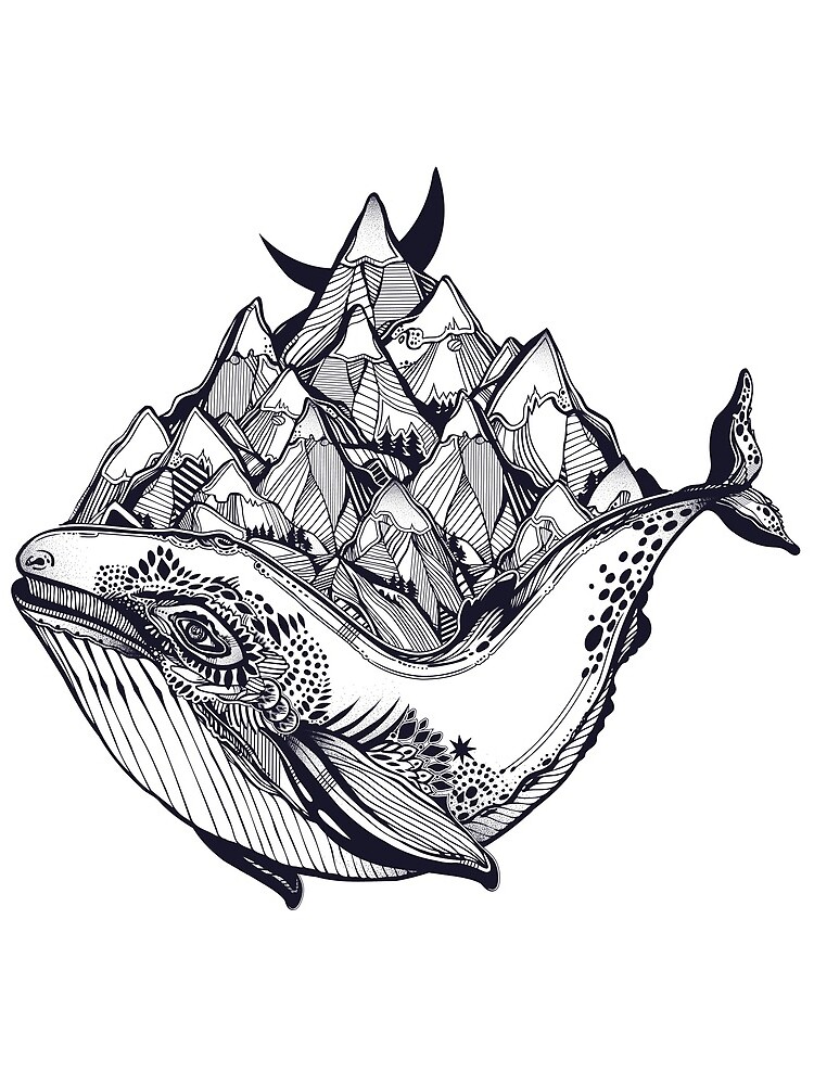 Decorative dreamy surreal whale sea animal beast carrying mountain range on its back by KatjaGerasimova