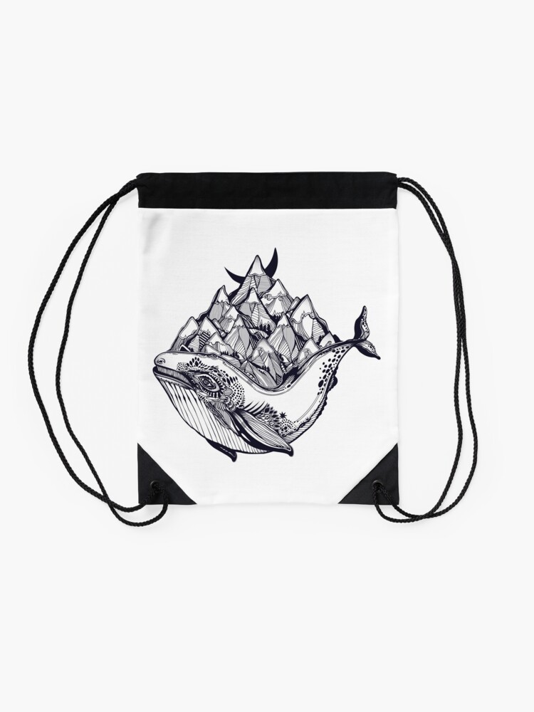 Alternate view of Decorative dreamy surreal whale sea animal beast carrying mountain range on its back Drawstring Bag