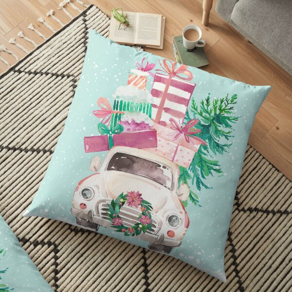 Cute Pink Christmas VW bug with presents Floor Pillow