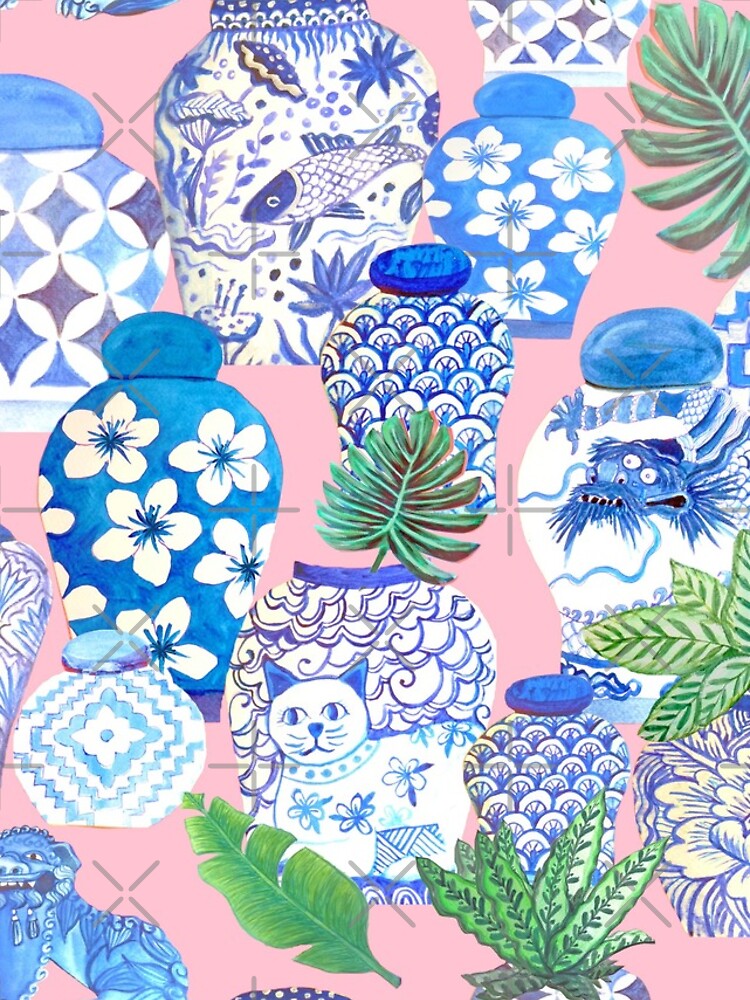 chinese ginger jars and foo dogs with palms on pink by MagentaRose
