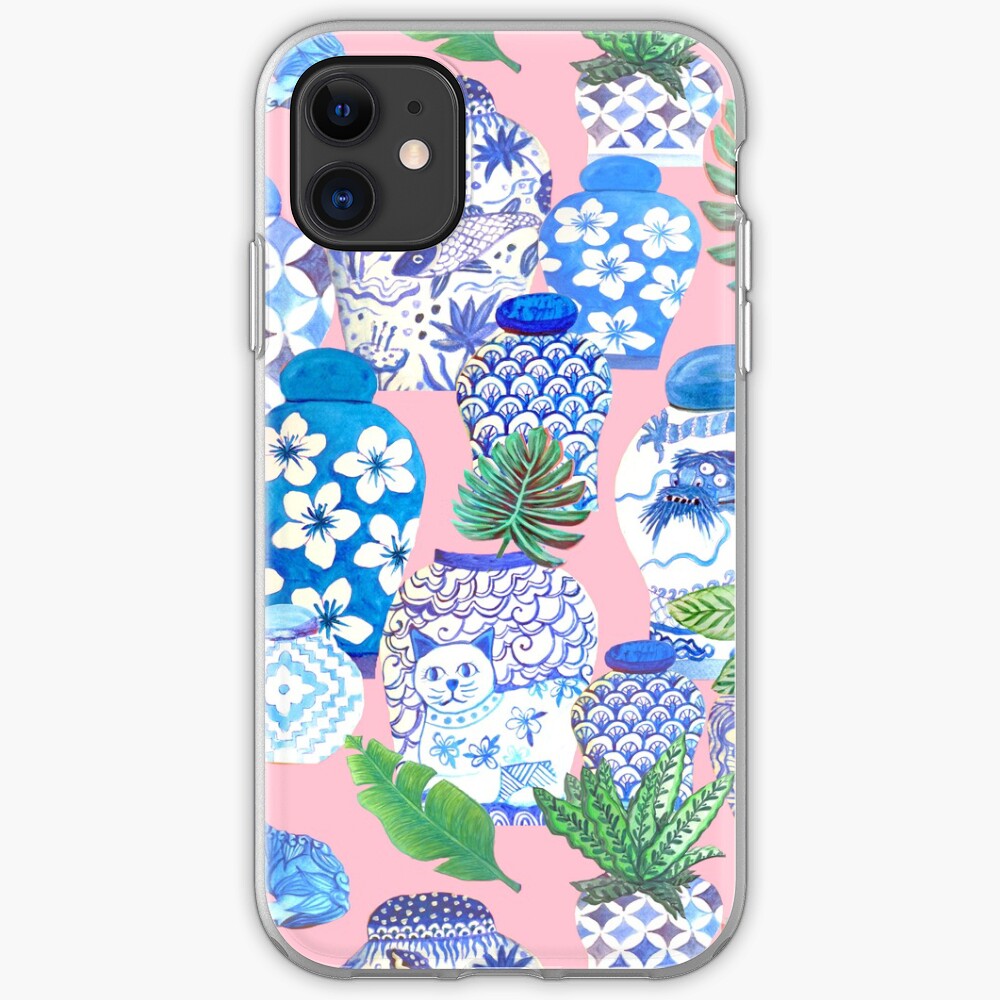 chinese ginger jars and foo dogs with palms on pink iPhone Case & Cover