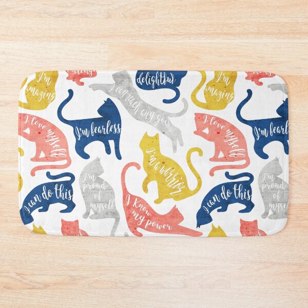 Item preview, Be like a cat // white background blue coral yellow and gray cat silhouettes with affirmations designed and sold by SelmaCardoso.