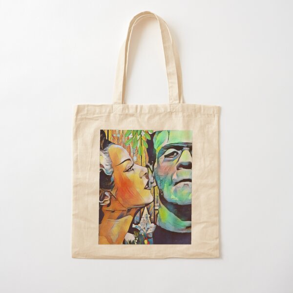 Christmas Frankenstein and Bride Kiss under the mistletoe Cotton Tote Bag