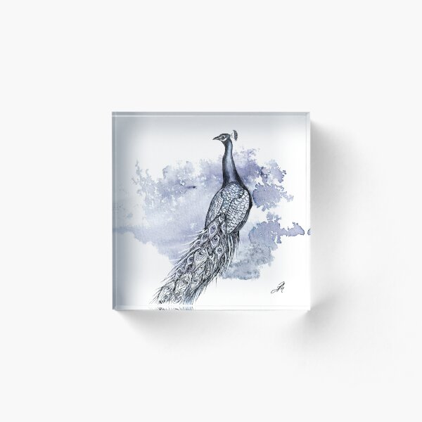 Pretty Peacock Ink Drawing Acrylic Block