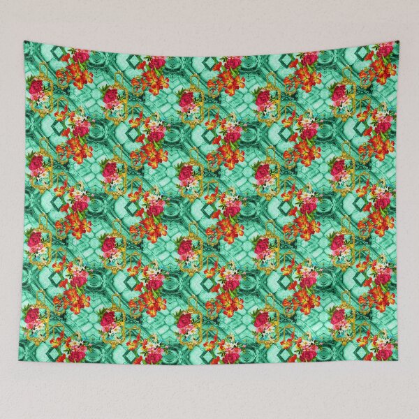 Item preview, Red Floral on Green Tile  by Mira Tasich designed and sold by Mira Tasich.