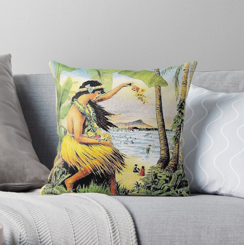 HAWAII Vintage Honolulu Mid-Pacific Carnival Print Throw Pillow