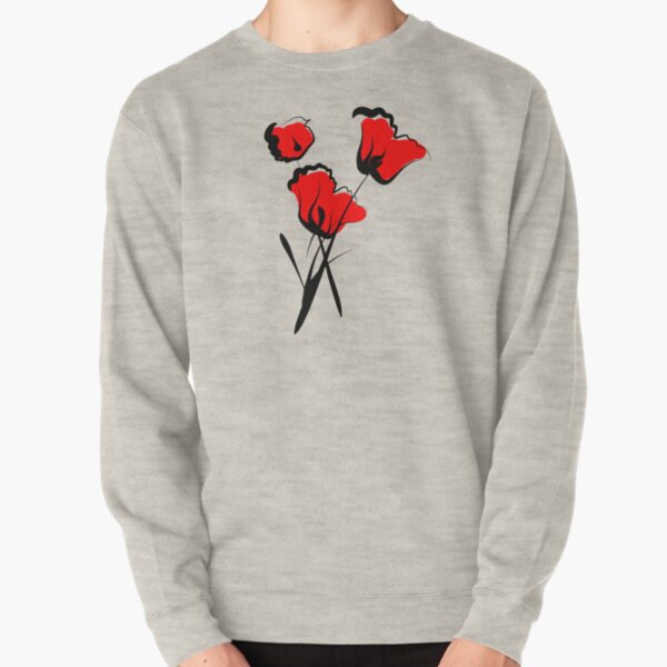 Beautiful digitally drawn poppies in front of black vertical lines pattern Pullover Sweatshirt