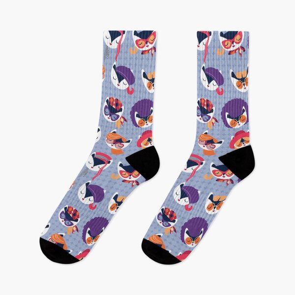 Item preview, Meowsome 70s cat faces // pale blue background white hippie cats with cute red pink amethyst purple and orange outfits designed and sold by SelmaCardoso.