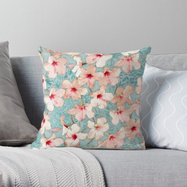 Shabby Chic Hibiscus Patchwork Pattern in Peach & Mint Throw Pillow