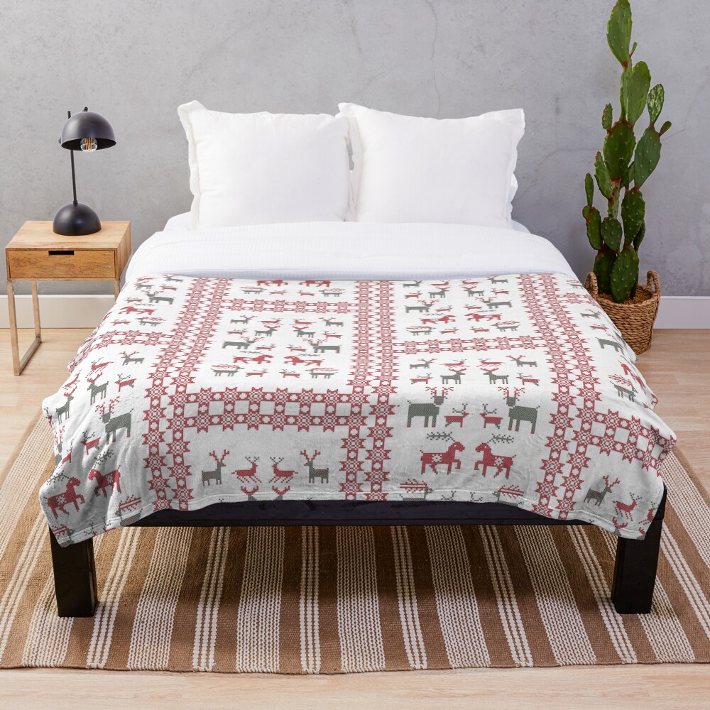Nordic Cross Stitch Style Reindeer Pixel Art Throw Blanket