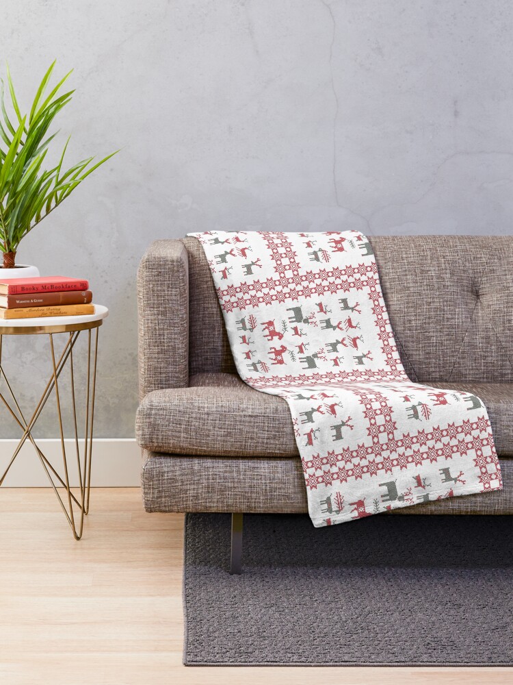 Alternate view of Nordic Cross Stitch Style Reindeer Pixel Art Throw Blanket