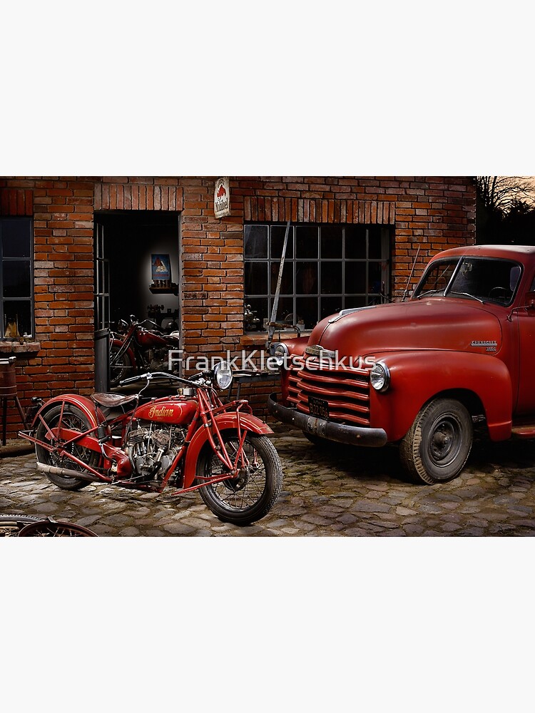 Disover 101 Scout and Chevy truck at a garage Premium Matte Vertical Poster
