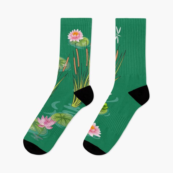 Item preview, water lilies and dragonflies with Frog on lily pad and cattails  designed and sold by mashmosh.