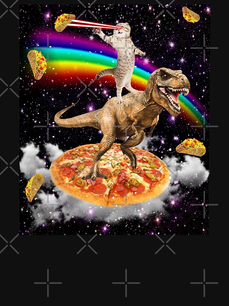 Galaxy Laser Eye Cat on Dinosaur on Pizza with Tacos & Rainbow by Mextpizza